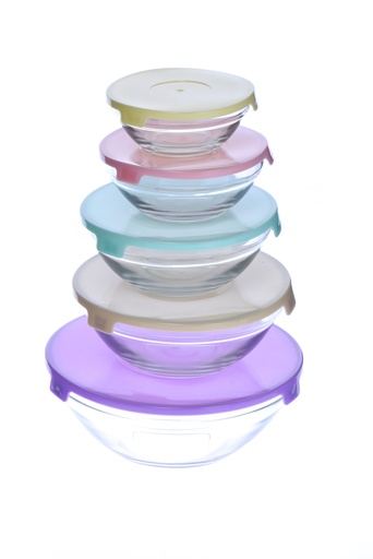 [1722] SET 5 BOWLS DE VIDRIO CON TAPA PASTEL -- mix fusion